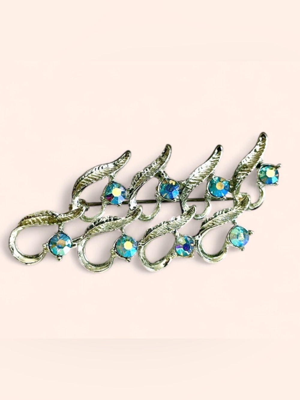 Vintage Blue Aurora Borealis Rhinestone Brooch Pin Silver Tone Leaf AB Floral